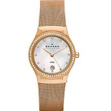 Skagen Ladies Rose Gold Tone Stainless Steel Case Mesh Bracelet Mother of Pearl Dial Date Display SKW2041