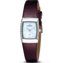 Skagen Mop Dial Rectangle Crystal Accented Purple Leather Womens Watch 684xssldb