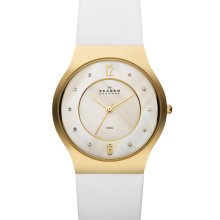 Skagen Round Leather Strap Watch White/ Gold