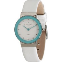 Skagen Womens Studio Brights Crystal Analog Stainless Watch - White Leather Strap - White Dial - SKW2014