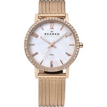 Skagen Womens Swarovski Crystal Analog Stainless Watch - Rose Gold Bracelet - Pearl Dial - 922SRRR