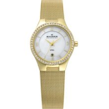 Skagen Womens Swarovski Crystal Glitz Analog Stainless Watch - Gold Bracelet - Pearl Dial - 630SGG2