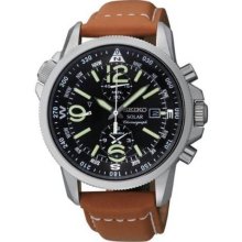 Solar Stainless Steel Case Brown Leather Strap Chronograph Black Dial