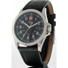 Stainless Steel Case Leather Bracelet Black Tone Dial Date Display