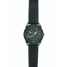 Structure Mens Watch with Round Black Case, Green Accent Black Matte Dial and Black Leather Band