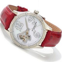 Stuhrling 196sw 1115h7 Audrey Auto Swarovski Mop Red Leather Ladies Watch