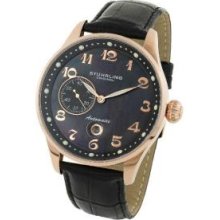Stuhrling Original 148A.33451 Mens Heritage Automatic on a Genuine Black Leather strap and Black MOP Dial and Rose Tone Case