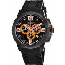 Stuhrling Original 300B.335657 Mens Swiss Chrono Black PVD Case andamp;#44; Black Dialandamp;#44; Black Bezelandamp;#44; Red Numeralsandamp;#44; Orange Sub-Dialsandamp;#44; and Black Rubber Strap