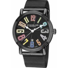 Stuhrling Original 301M.33591 Mens Swiss Quartzandamp;#44; Black IP Case with Black Dialandamp;#44; Rainbow Numeralsandamp;#44; and Black IP Mesh Bracelet