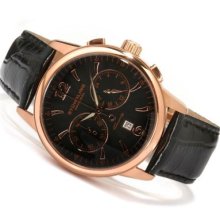 Stuhrling Original Men's Elite Chronograph Leather Strap Watch BLACK / ROSETONE