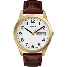 Timex Men's White Dial with Day/Date Window, Brown Leather Strap Men's