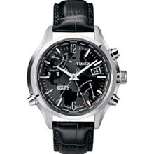 Timex Watch, Mens Premium Intelligent Quartz World Time Black Leather