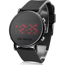 Unisex Jelly Sports Style Mirror Round Face Red Light LED Wrist Watch - Black