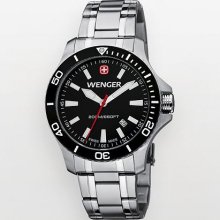 Wenger Men's Sea Force Black Dial White Accent St. Steel Band Diver Watch - 0641.105 (White)