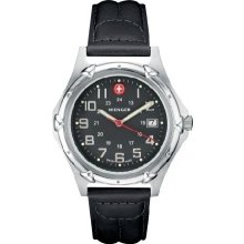 Wenger Mens Standard Issue XL Stainless Watch - Black Leather Strap - Black Dial - 73115