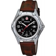 Wenger Mens Standard Issue XL Stainless Watch - Brown Leather Strap - Black Dial - 73114