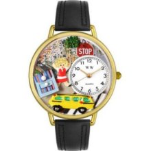 Whimsical Watches Mid-Size Japanese Quartz School Bus Driver Black Leather Strap Watch