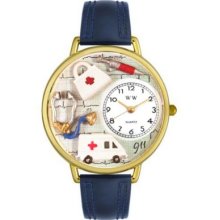 Whimsical Watches Mid-Size EMT Quartz Movement Miniature Detail Navy Leather Strap Watch GOLD