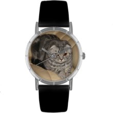 Whimsical Watches Unisex Scottish Fold Cat Photo Watch with Black Leather Color: Silvertone