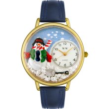 Whimsical Women's Christmas Snowman Theme Navy Blue Leather Strap Watch