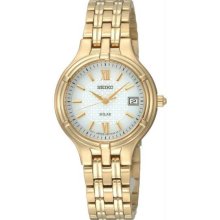 Women's Gold Tone Dress White Patterned Dial Solar Quartz