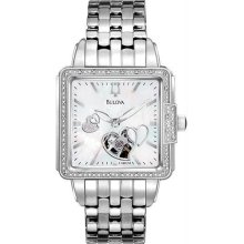 Women's Heart Skeleton Display Automatic Mother of Pearl Dial Diamond Accents