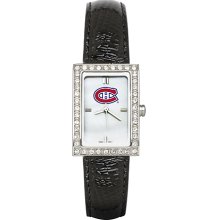 Womens Montreal Canadiens Watch with Black Leather Strap and CZ Accents