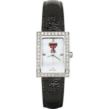 Womens Texas Tech University Watch with Black Leather Strap and CZ Accents